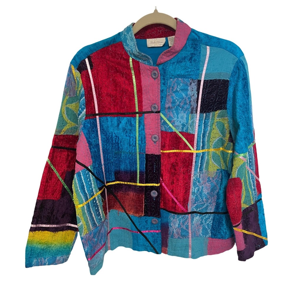 Vintage Y2K Patchwork Jacket Studio Works Petite L Colorful Cotton Wearable Art